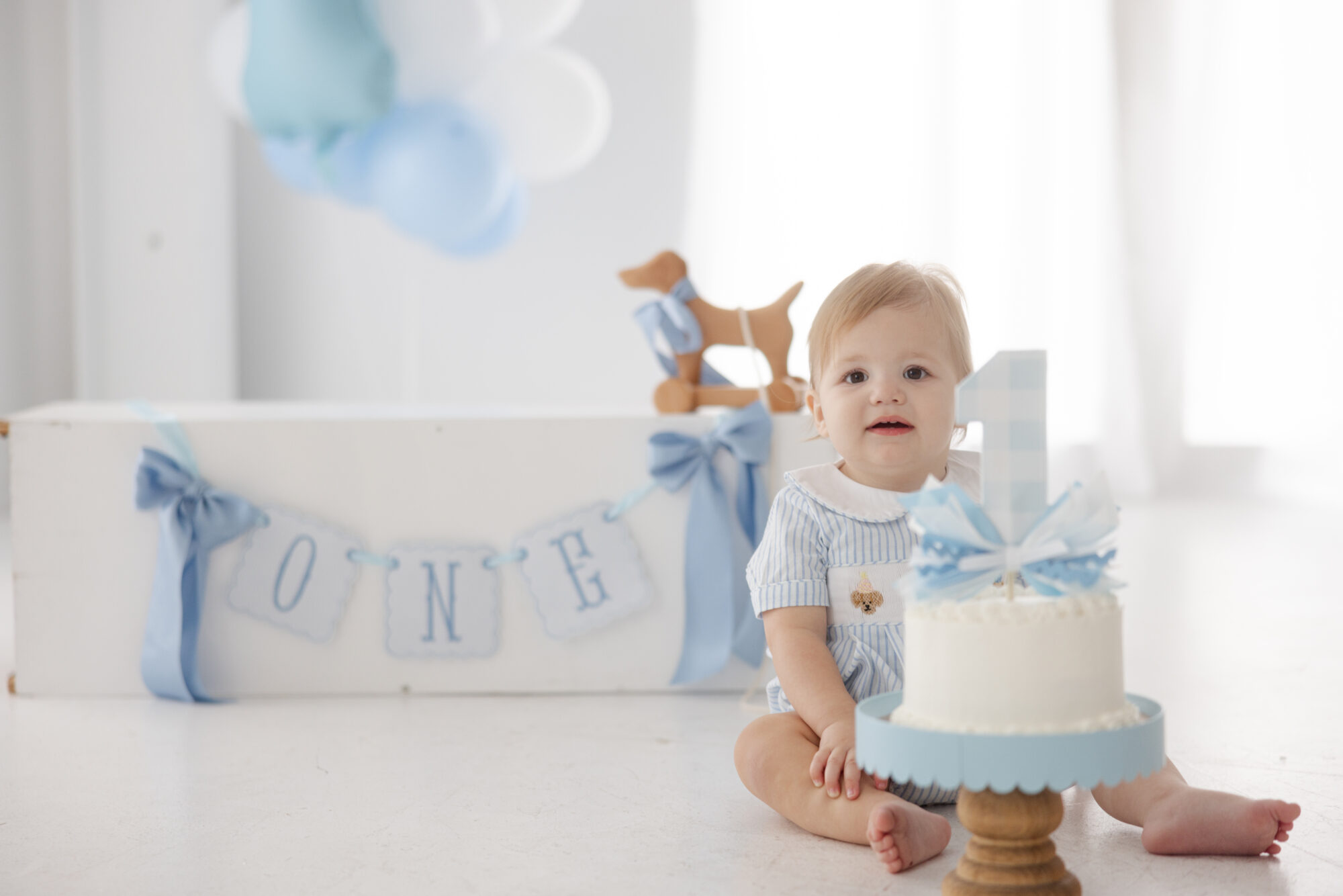 Baby boy sitting behind a ONE banner with blue balloons during his Houston first birthday session.